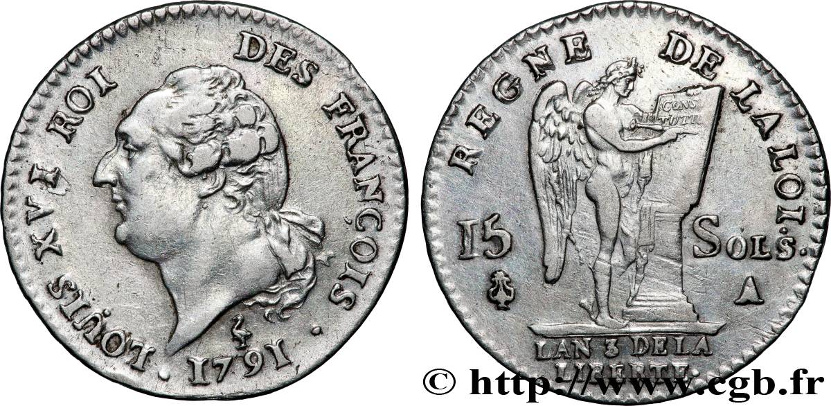 LOUIS XVI (MONARQUE CONSTITUTIONNEL) 15 sols dit au génie , type FRANÇOIS 1791 Paris TTB+