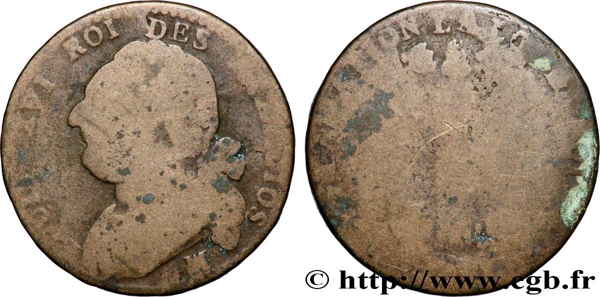 LOUIS XVI (MONARQUE CONSTITUTIONNEL) 12 deniers dit au faisceau , légende fautée FRANÇIOS n.d. Marseille B