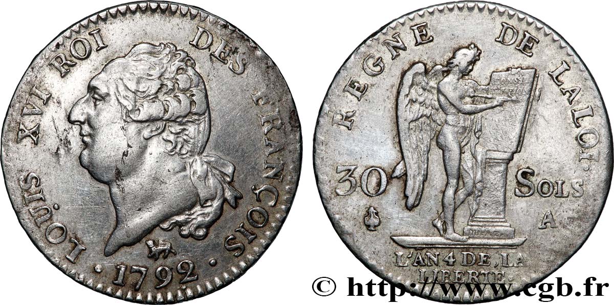 LOUIS XVI (MONARQUE CONSTITUTIONNEL) 30 sols dit au génie , type FRANÇOIS 1792 Paris TTB