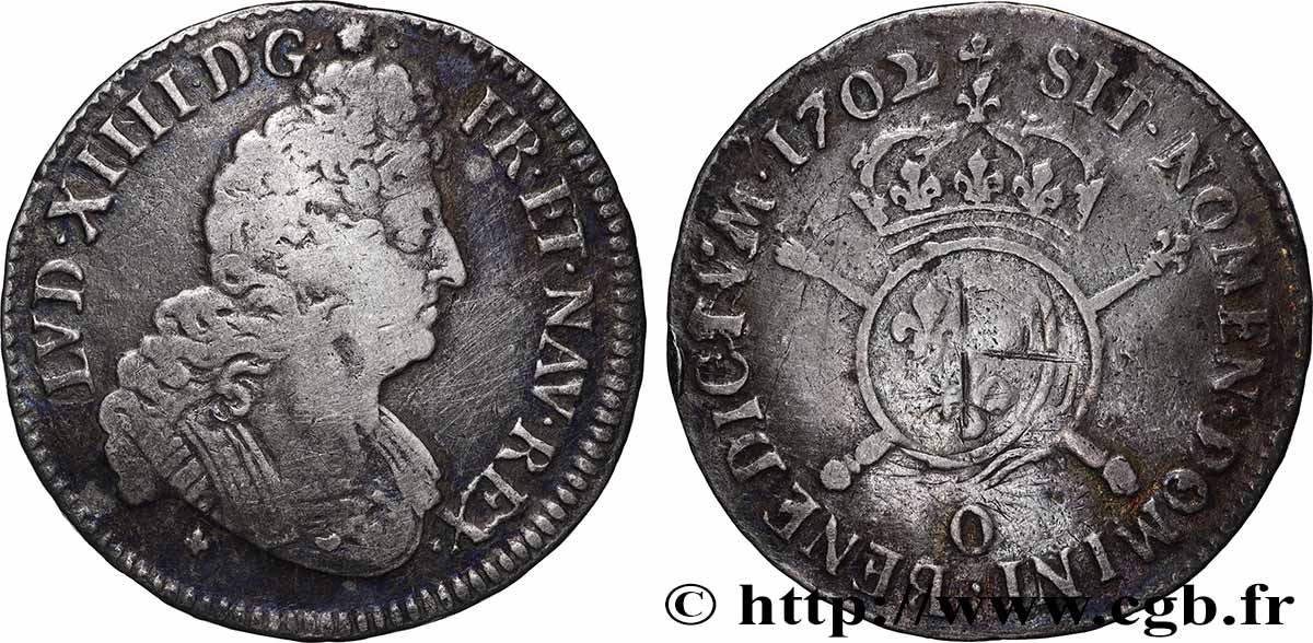 LOUIS XIV LE GRAND OU LE ROI SOLEIL Demi-écu aux insignes 1702 Riom TB+/TB