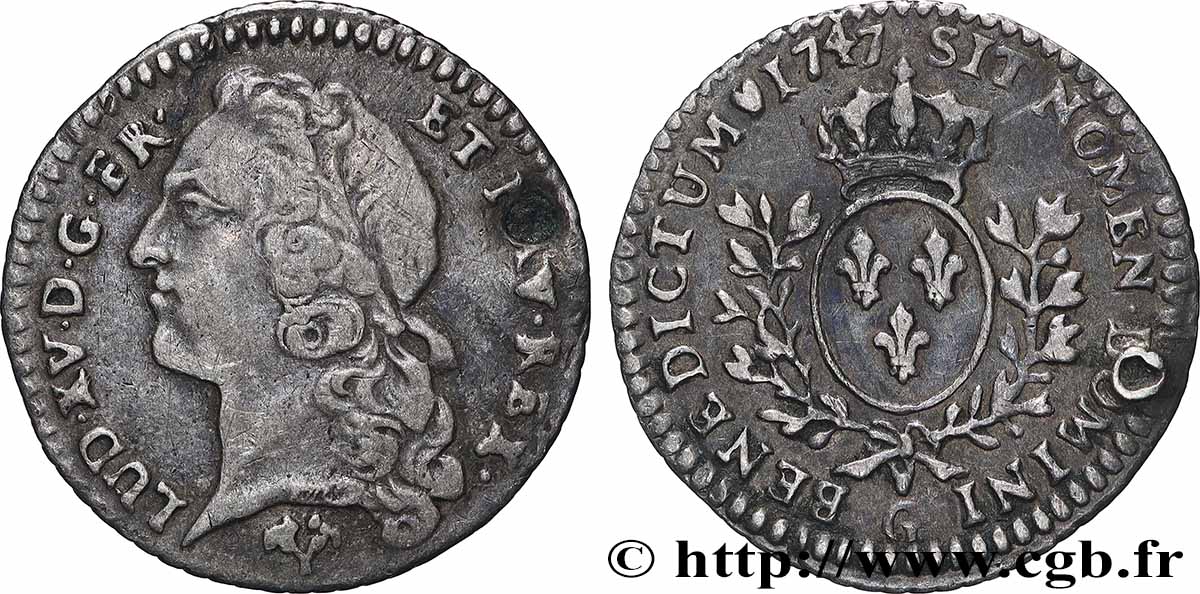 LOUIS XV DIT LE BIEN AIMÉ Vingtième d écu aux branches d’olivier, tête ceinte d’un bandeau 1747 Poitiers TTB