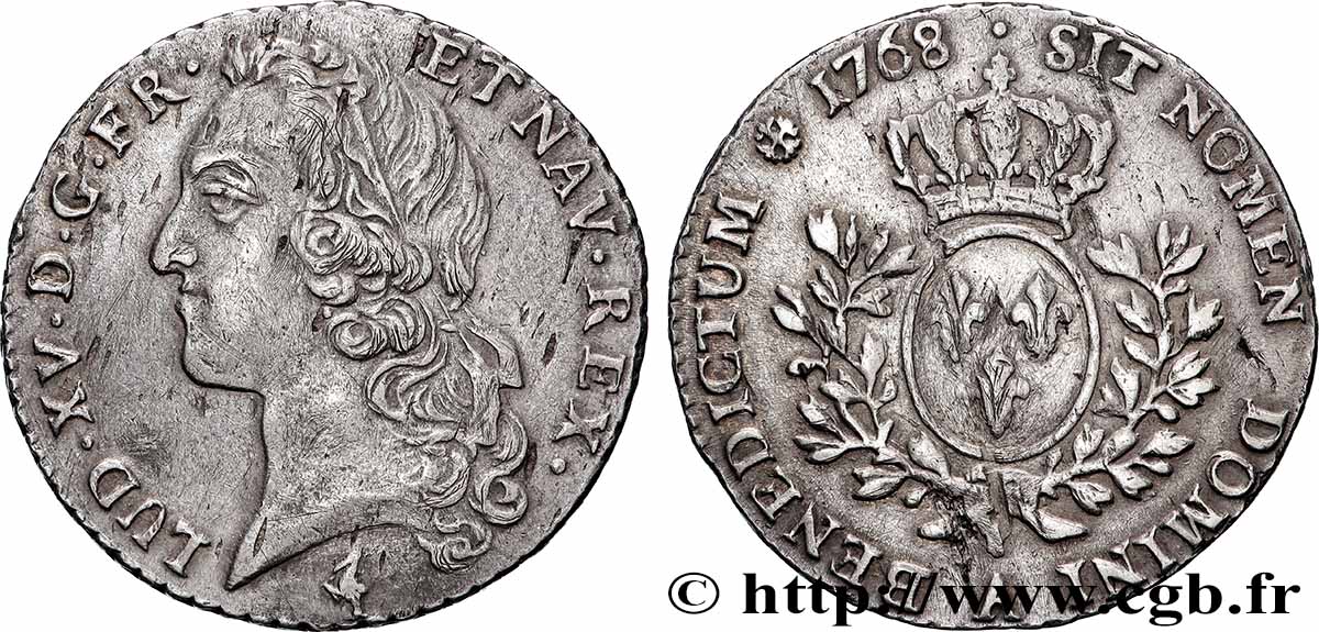 LOUIS XV DIT LE BIEN AIMÉ Cinquième d’écu aux branches d’olivier, tête ceinte d’un bandeau 1768 Paris TTB+