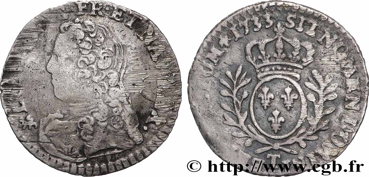 LOUIS XV DIT LE BIEN AIMÉ Vingtième d’écu aux branches d’olivier, buste habillé 1733 Nantes TB+