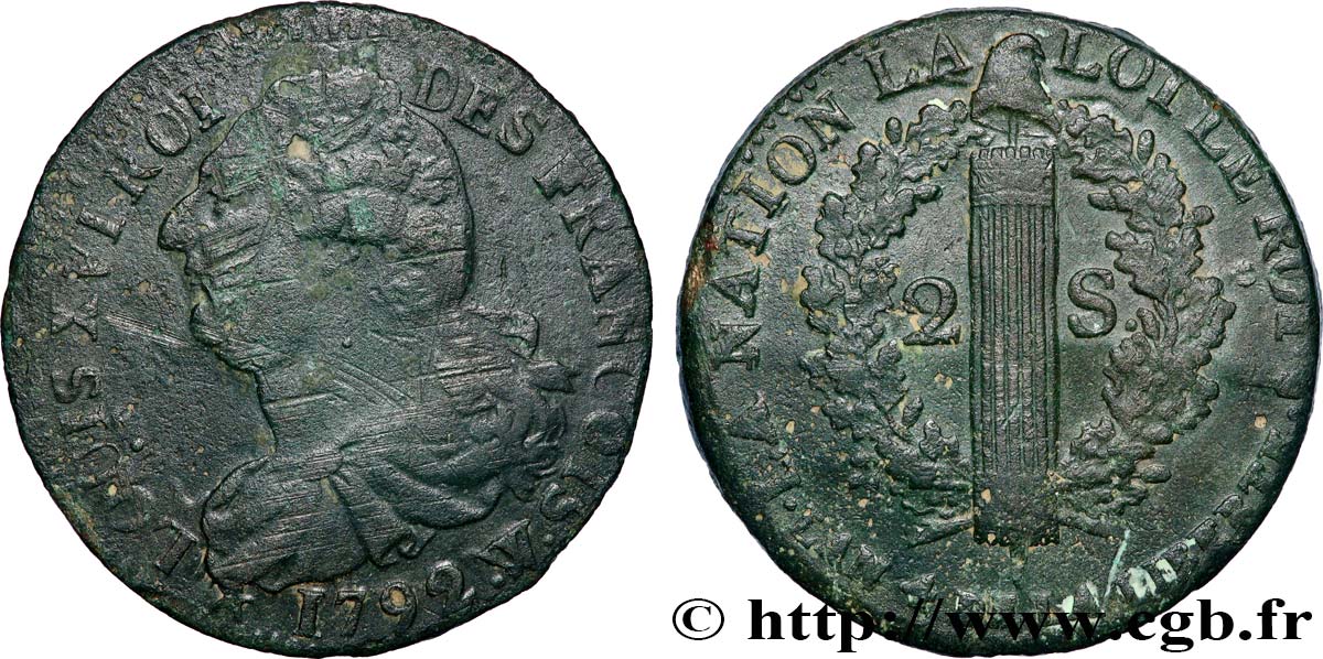 LOUIS XVI (MONARQUE CONSTITUTIONNEL) 2 sols dit au faisceau , type FRANCOIS 1792 Lille TB+/TTB+