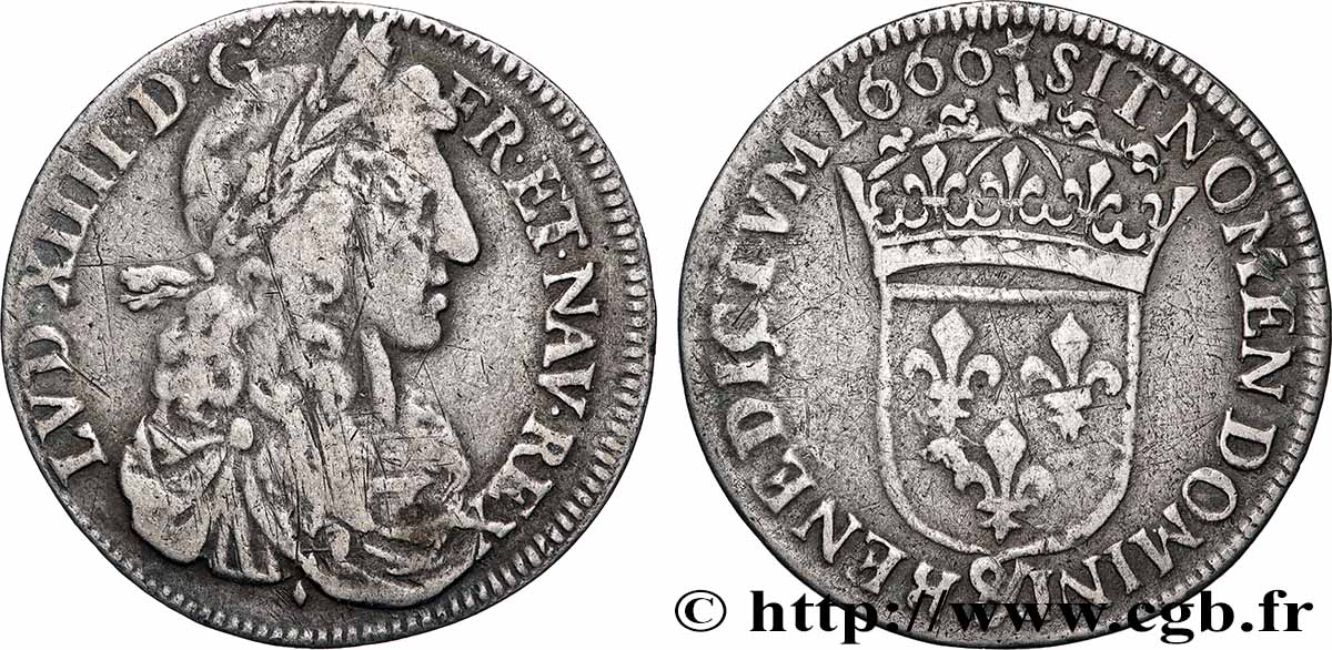 LOUIS XIV LE GRAND OU LE ROI SOLEIL Quart d écu, portrait apollinien 1666 Aix-en-Provence TB+/TTB