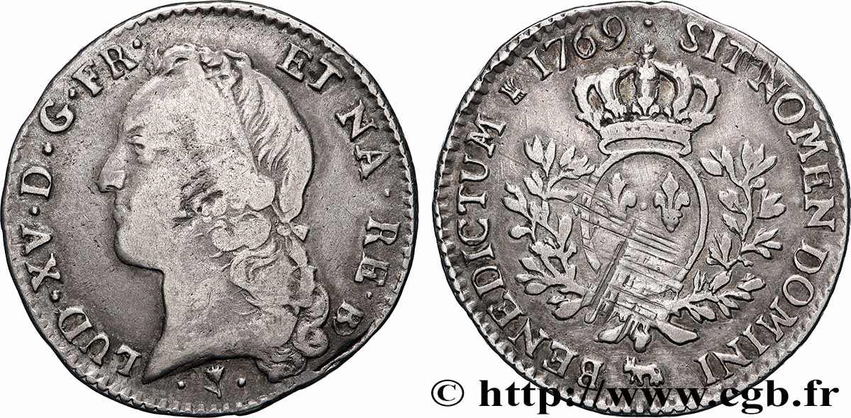 LOUIS XV DIT LE BIEN AIMÉ Cinquième d’écu aux branches d’olivier, tête ceinte d’un bandeau 1769 Pau TB/TB+