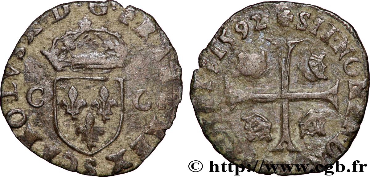 CHARLES X, CARDINAL DE BOURBON Douzain aux deux C, 2e type 1592 Troyes TB+