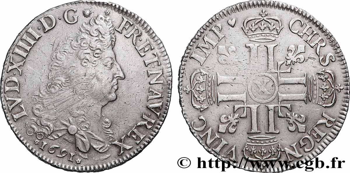 LOUIS XIV LE GRAND OU LE ROI SOLEIL Écu aux huit L, 1er type 1691 Amiens TTB
