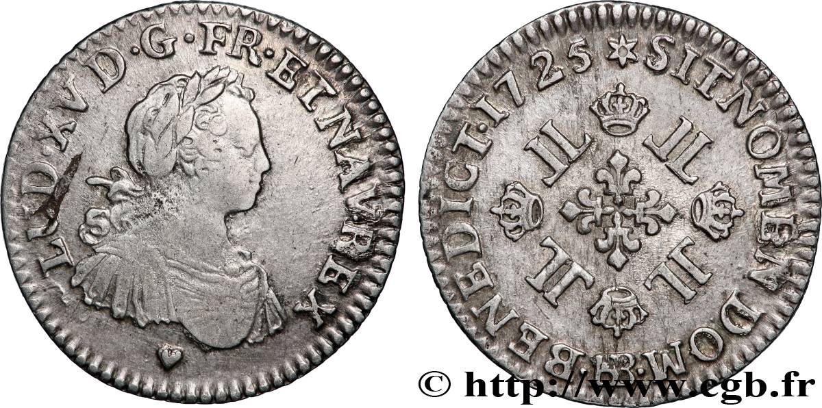LOUIS XV DIT LE BIEN AIMÉ Huitième d’écu à la croix fleurdelisée couronnée et aux huit L 1725 Strasbourg TTB/TTB+