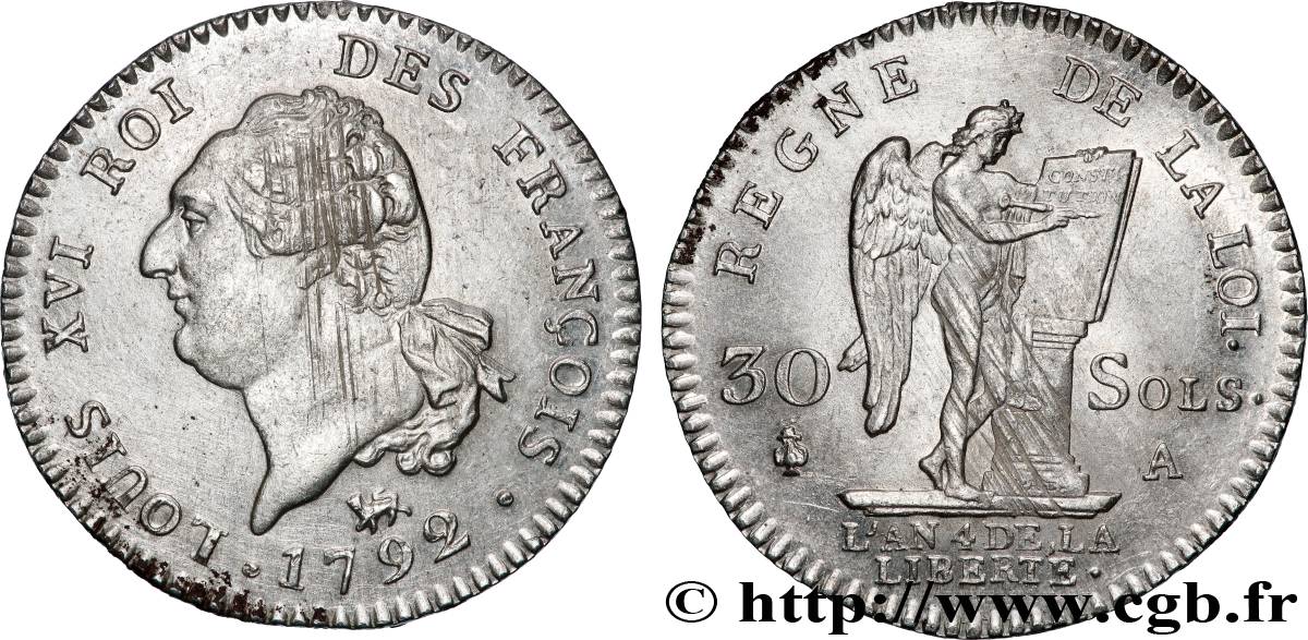 LOUIS XVI 30 sols dit au génie , type FRANÇOIS 1792 Paris VZ/fVZ