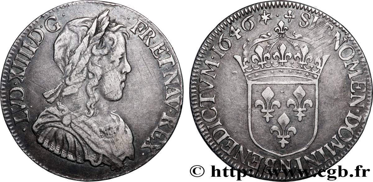 LOUIS XIV LE GRAND OU LE ROI SOLEIL Demi-écu, portrait à la mèche longue 1646 Montpellier TTB