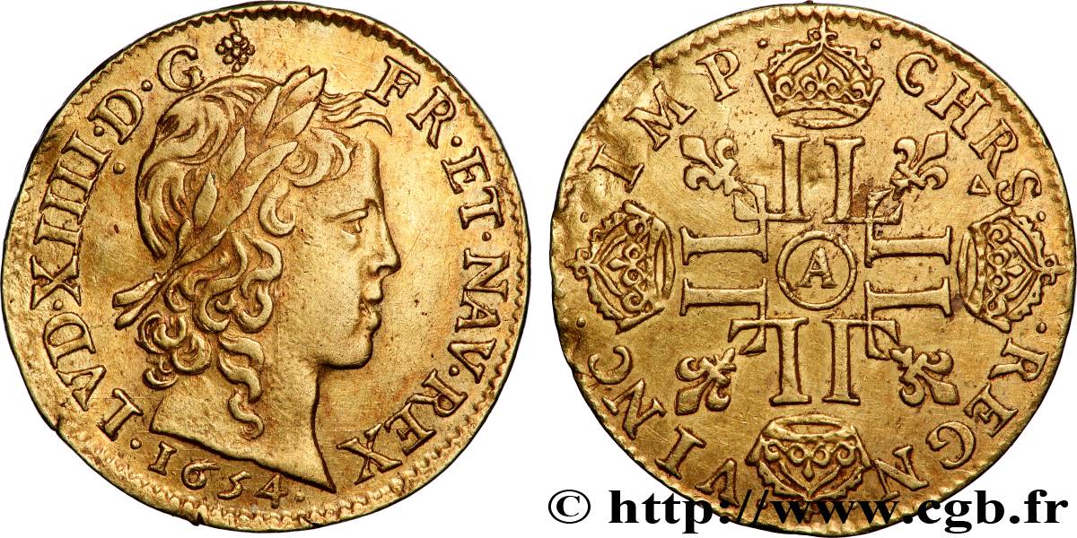 LOUIS XIV LE GRAND OU LE ROI SOLEIL Louis d’or aux huit L, portrait à la mèche longue 1654 Paris SUP/TTB+
