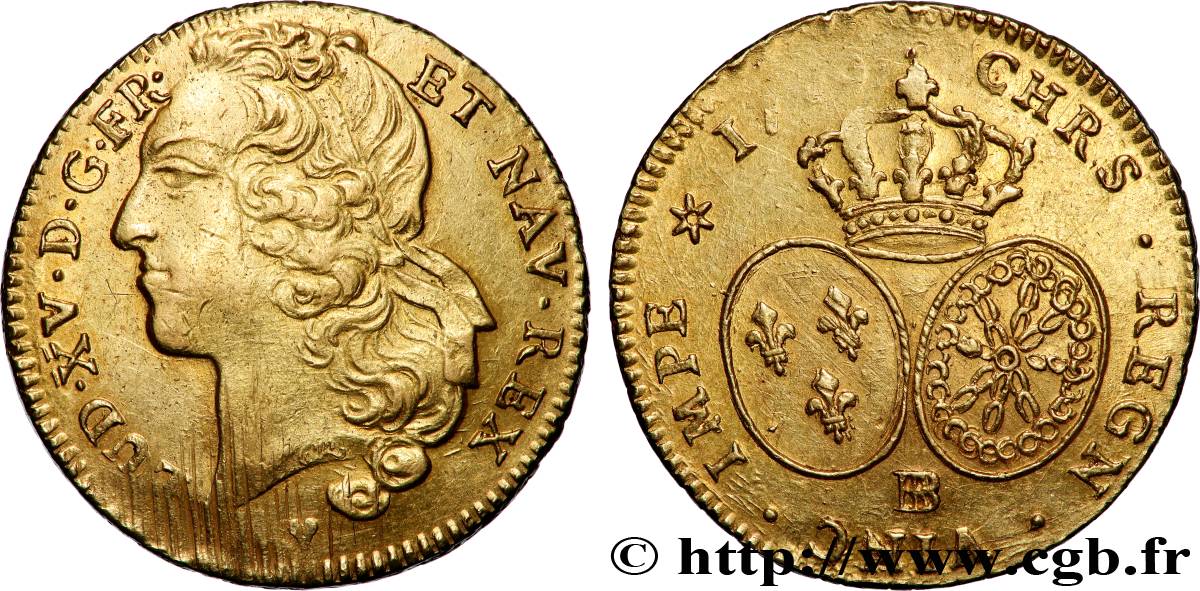 LOUIS XV DIT LE BIEN AIMÉ Double louis d’or aux écus ovales, tête ceinte d’un bandeau 1749 Strasbourg TTB+