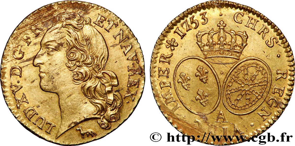 LOUIS XV DIT LE BIEN AIMÉ Louis d’or aux écus ovales, tête ceinte d’un bandeau 1753 Paris SUP