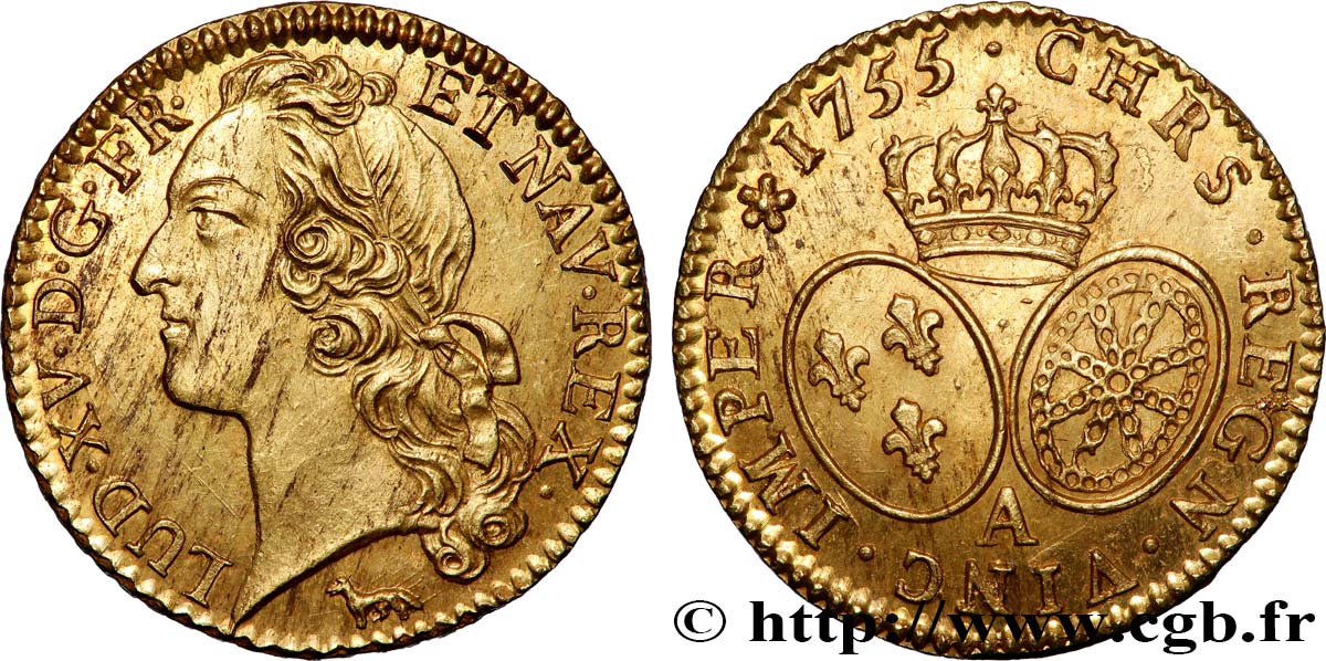 LOUIS XV DIT LE BIEN AIMÉ Louis d’or aux écus ovales, tête ceinte d’un bandeau 1755 Paris SUP/SPL