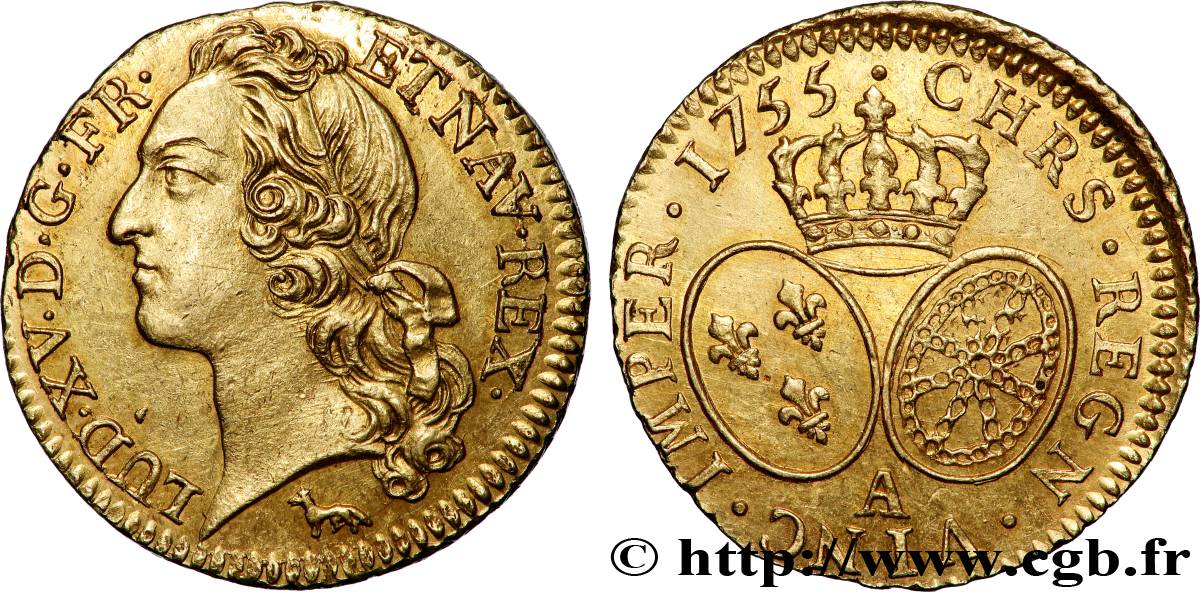LOUIS XV DIT LE BIEN AIMÉ Louis d’or aux écus ovales, tête ceinte d’un bandeau 1755 Paris SUP