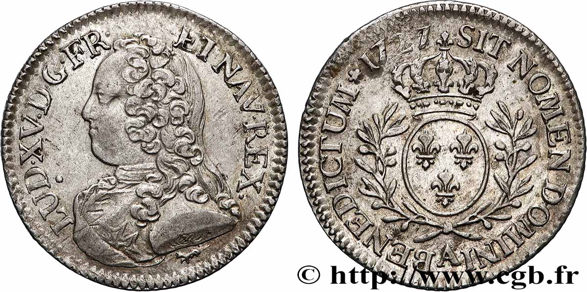 LOUIS XV THE WELL-BELOVED Cinquième d écu aux branches d olivier, buste habillé 1727 Paris q.SPL/SPL