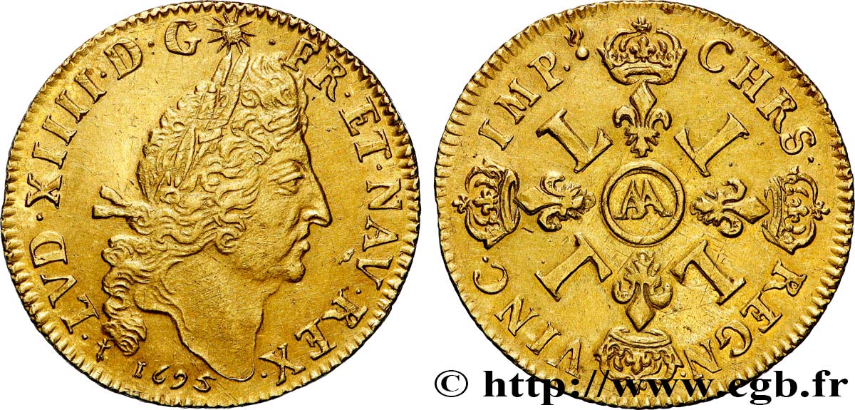 LOUIS XIV THE SUN KING Double louis d or aux quatre L 1695 Metz AU