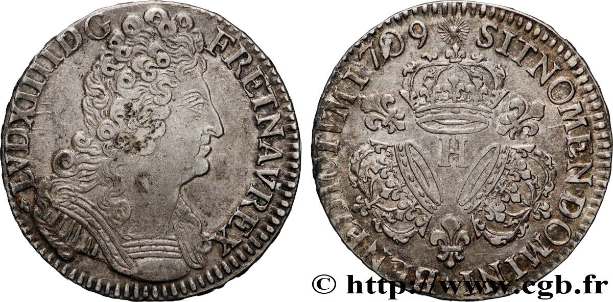 LOUIS XIV LE GRAND OU LE ROI SOLEIL Demi-écu aux trois couronnes 1709 La Rochelle TTB+