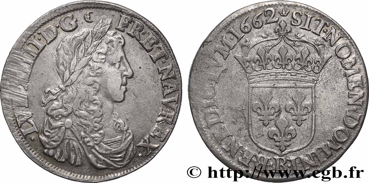 LOUIS XIV LE GRAND OU LE ROI SOLEIL Demi-écu, portrait apollinien 1662 Rouen TTB
