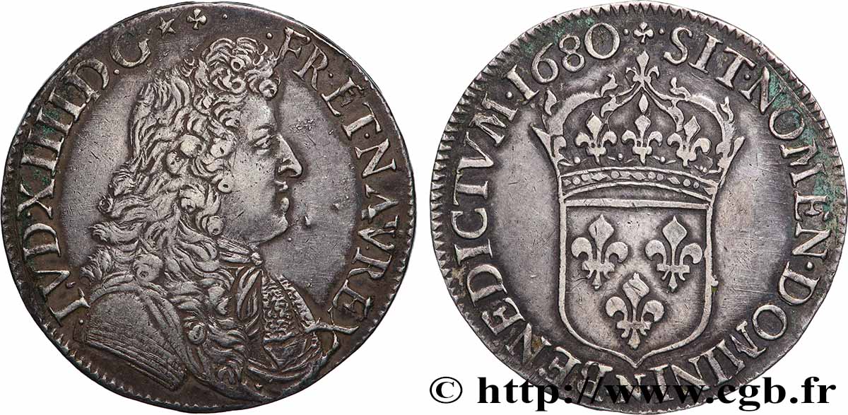 LOUIS XIV LE GRAND OU LE ROI SOLEIL Demi-écu, portrait à la cravate courte 1680 Montpellier TTB+/SUP