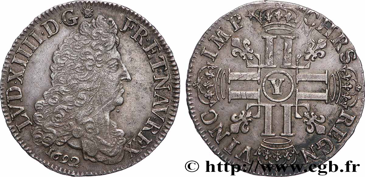 LOUIS XIV LE GRAND OU LE ROI SOLEIL Demi-écu aux huit L, 1er type 1692 Bourges TTB/TTB+