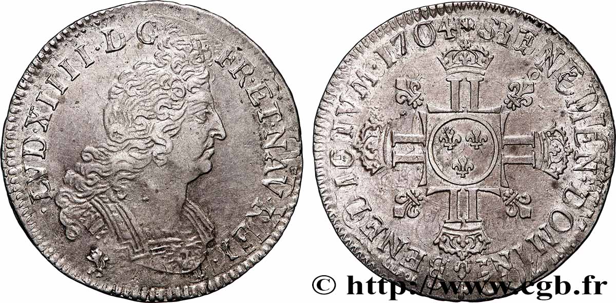 LOUIS XIV LE GRAND OU LE ROI SOLEIL Demi-écu aux huit L, 2e type 1704 Rennes TTB+/SUP