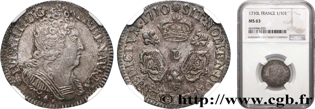 LOUIS XIV LE GRAND OU LE ROI SOLEIL Dixième d écu aux trois couronnes 1710 Bayonne SPL63