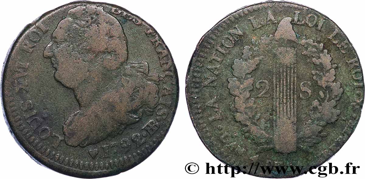 LOUIS XVI 2 sols dit au faisceau , type FRANÇAIS 1792 Strasbourg VF