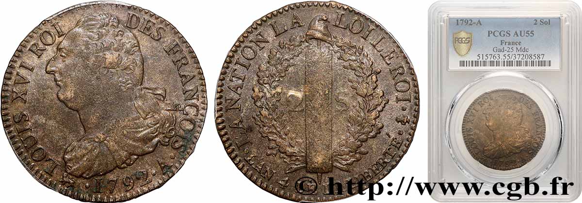 LOUIS XVI 2 sols dit au faisceau , type FRANÇOIS 1792 Paris VZ55