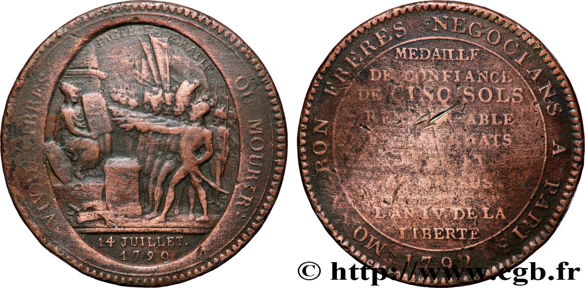 REVOLUTION COINAGE / CONFIANCE (MONNAIES DE…) Monneron de 5 sols au serment (An IV), 3e type 1792 Birmingham, Soho VG