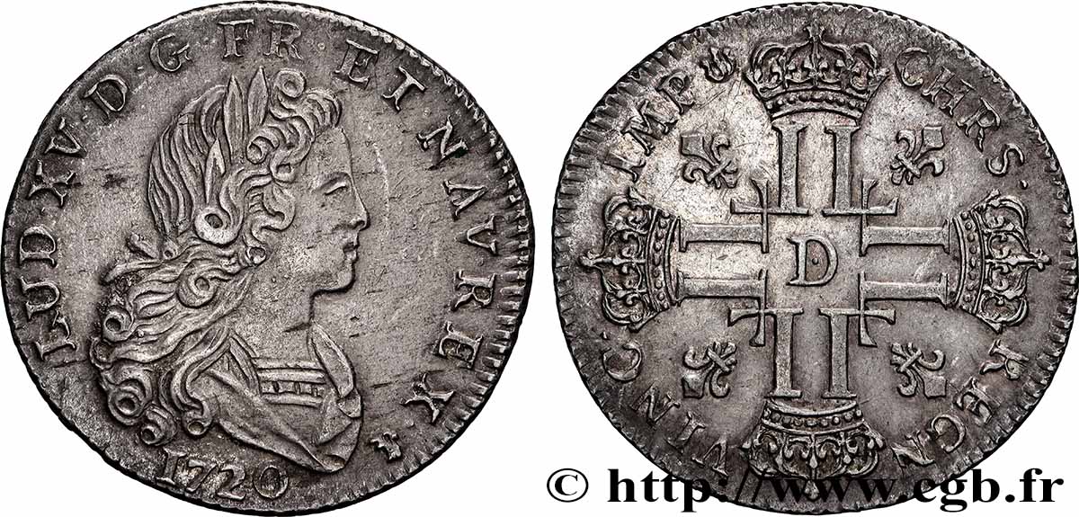 LOUIS XV DIT LE BIEN AIMÉ Louis d’argent à la croix aux huit L couronnées 1720 Lyon SUP