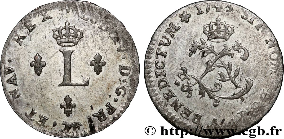 LOUIS XV THE WELL-BELOVED Double sol de billon 1745 Paris fVZ