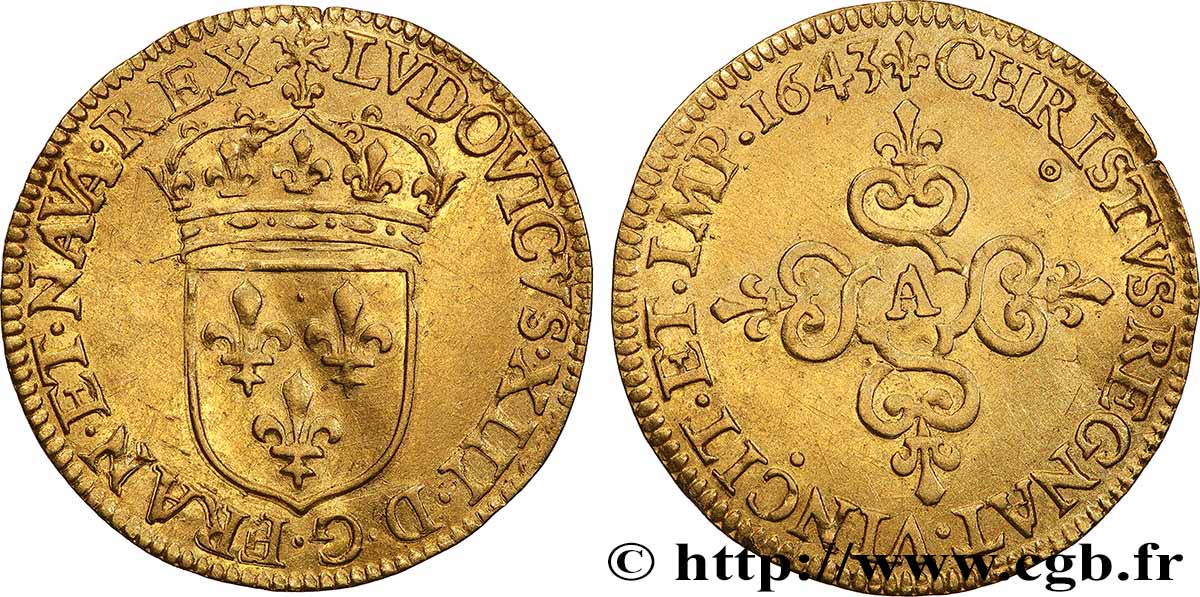 LOUIS XIII LE JUSTE Écu d or au soleil, à la croix anillée fleurdelisée 1643 Paris, Monnaie du Louvre TTB+