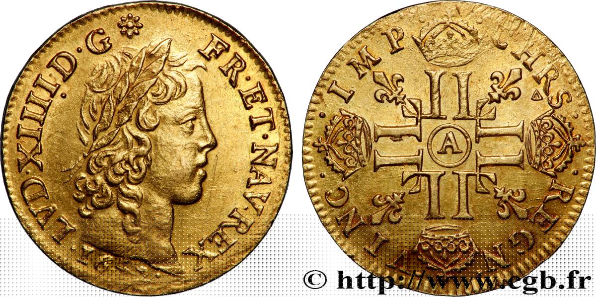 LOUIS XIV THE SUN KING Louis d’or aux huit L, portrait à la mèche longue 1649 Paris fVZ