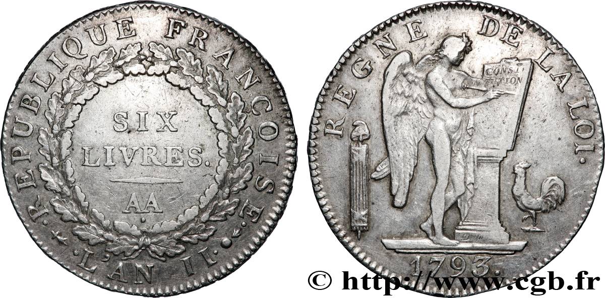 LA CONVENTION Six livres dit au génie 1793 Metz TTB+/TTB