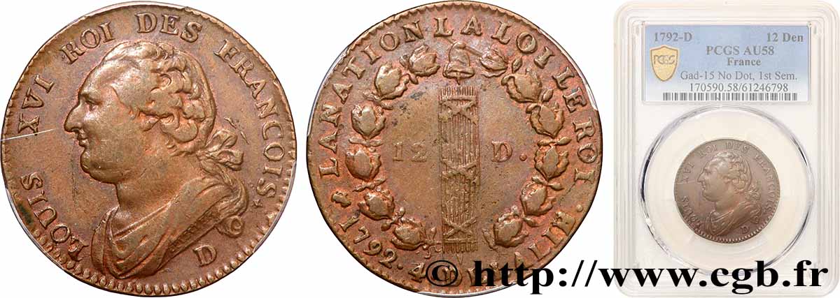 LOUIS XVI (MONARQUE CONSTITUTIONNEL) 12 deniers dit au faisceau , type FRANCOIS 1792 Lyon SUP58
