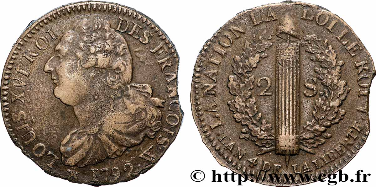 LOUIS XVI (MONARQUE CONSTITUTIONNEL) 2 sols dit au faisceau , type FRANÇOIS 1792 Arras TTB+