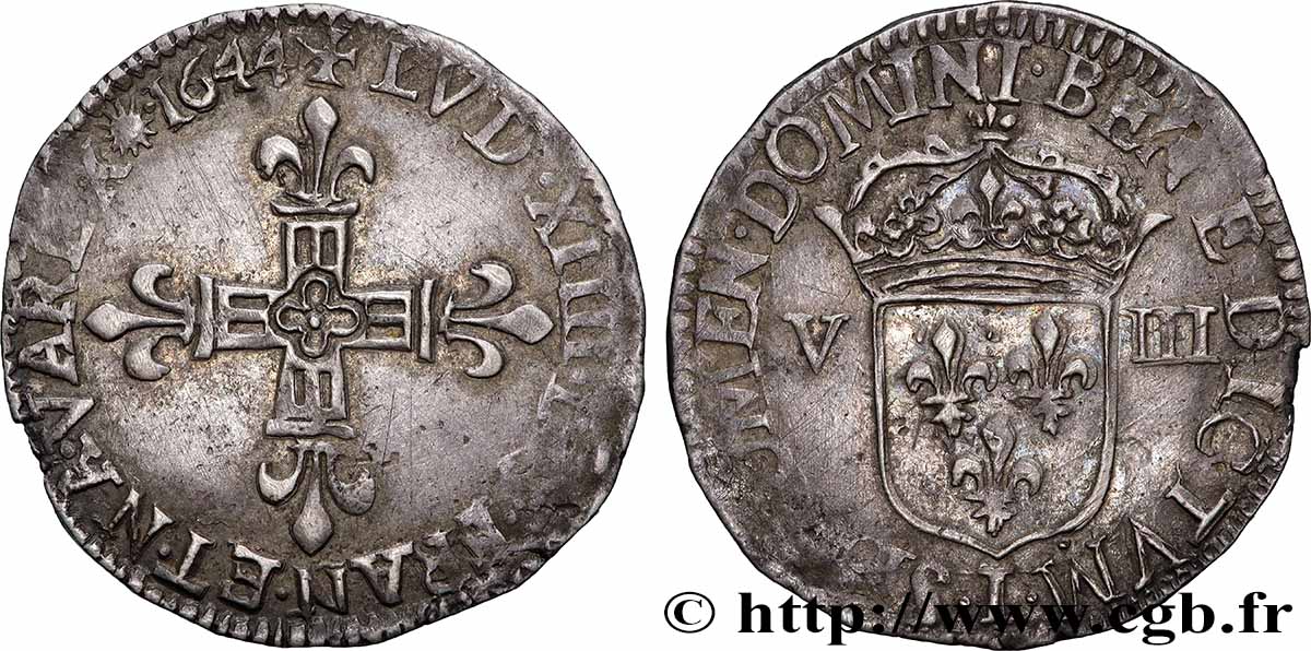 LOUIS XIV THE SUN KING Huitième d écu, titulature côté croix 1644 Limoges AU