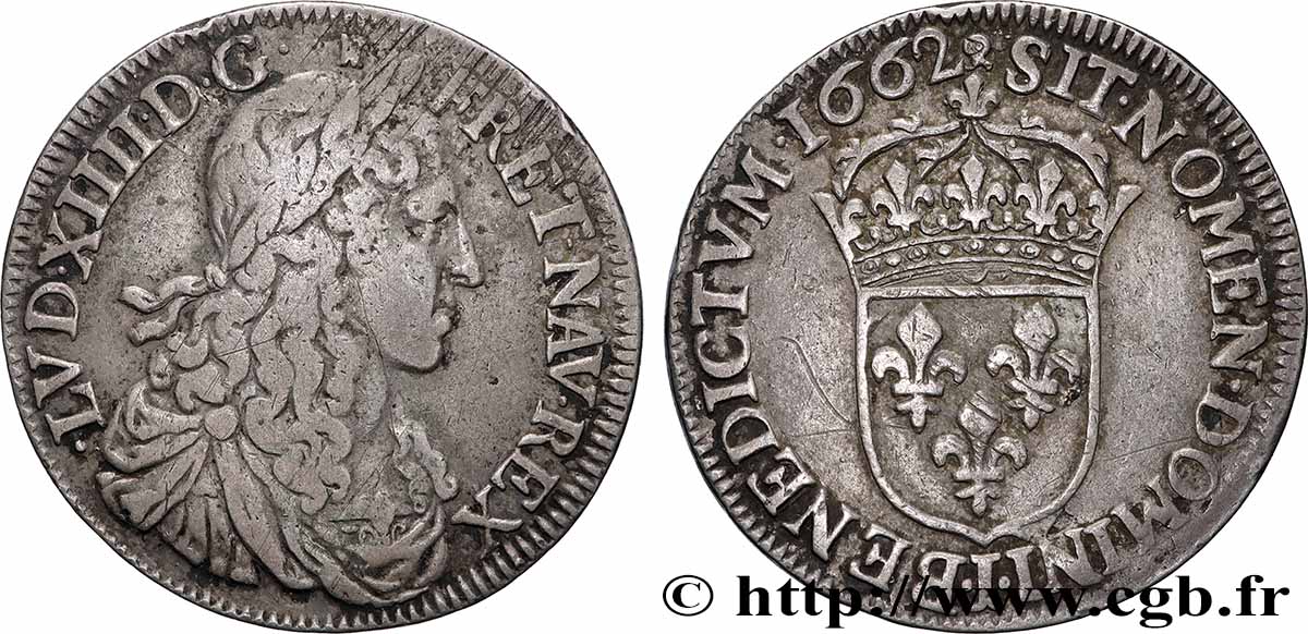LOUIS XIV THE SUN KING Demi-écu, portrait apollinien 1662 Limoges VF/XF