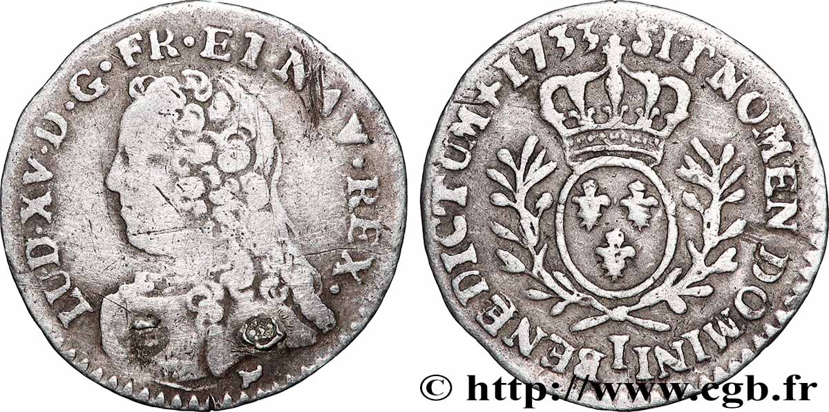 LOUIS XV DIT LE BIEN AIMÉ Vingtième d’écu aux branches d’olivier, buste habillé 1733 Limoges TB/TB+
