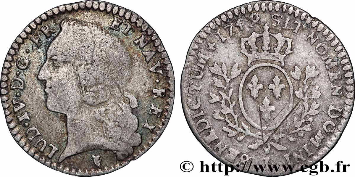LOUIS XV DIT LE BIEN AIMÉ Vingtième d’écu aux branches d’olivier, buste habillé 1749 Limoges TB/TB+