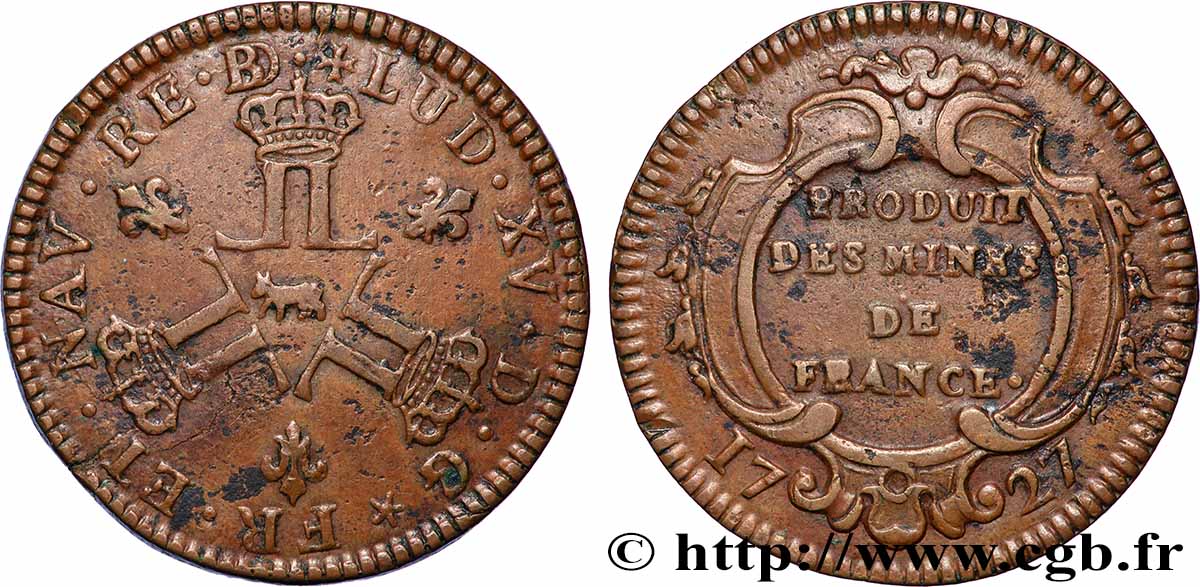 LOUIS XV THE WELL-BELOVED Seize deniers des mines de Béarn 1727 Pau q.SPL