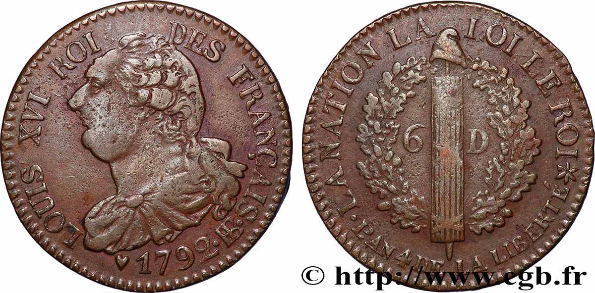 LOUIS XVI 6 deniers dit au faisceau , type FRANÇAIS 1792 Strasbourg fVZ