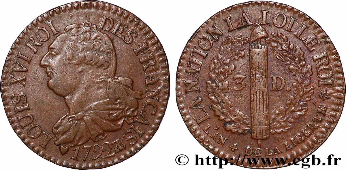 LOUIS XVI 3 deniers dit au faisceau , type FRANÇAIS 1792 Strasbourg AU/AU