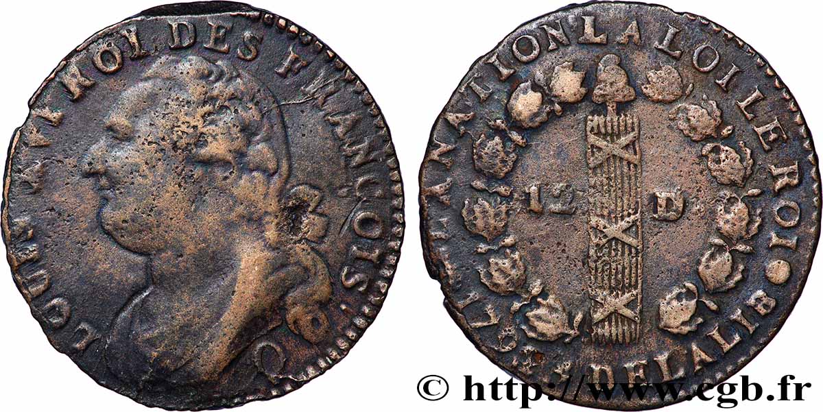 LOUIS XVI 12 deniers dit au faisceau , type FRANÇOIS 1792 Perpignan fSS/SS