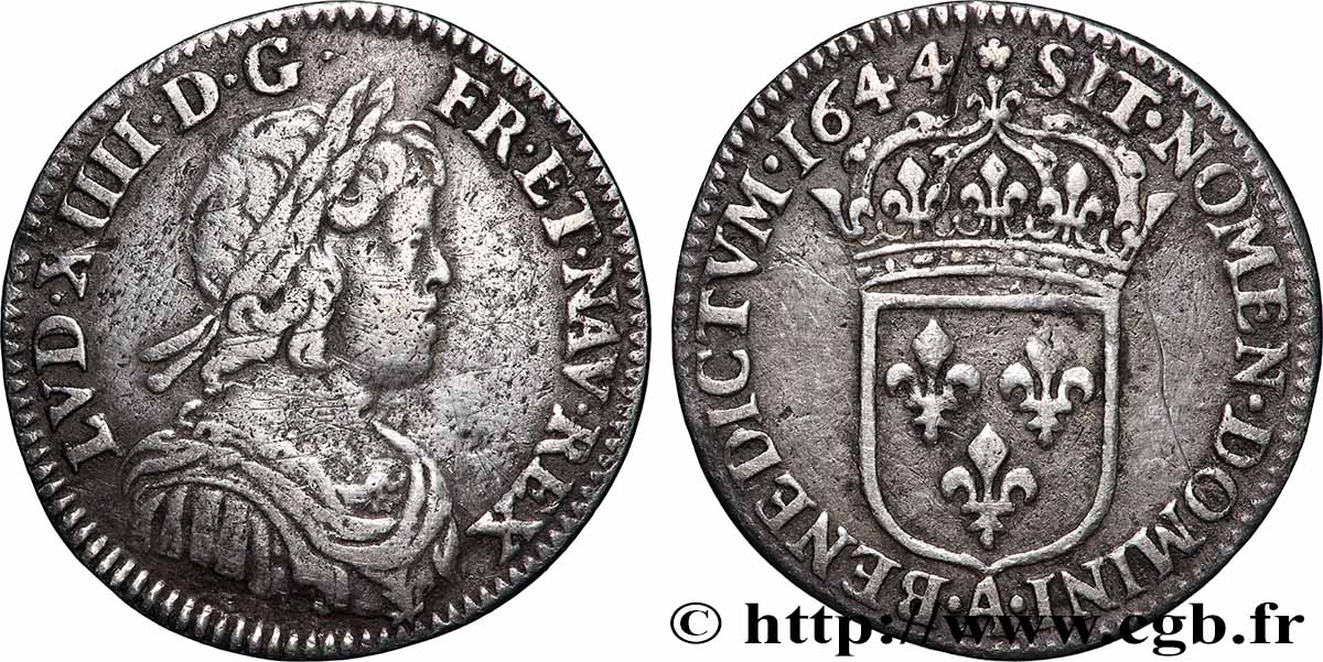 LOUIS XIV LE GRAND OU LE ROI SOLEIL Douzième d écu, portrait à la mèche courte 1644 Paris, Monnaie de Matignon TTB
