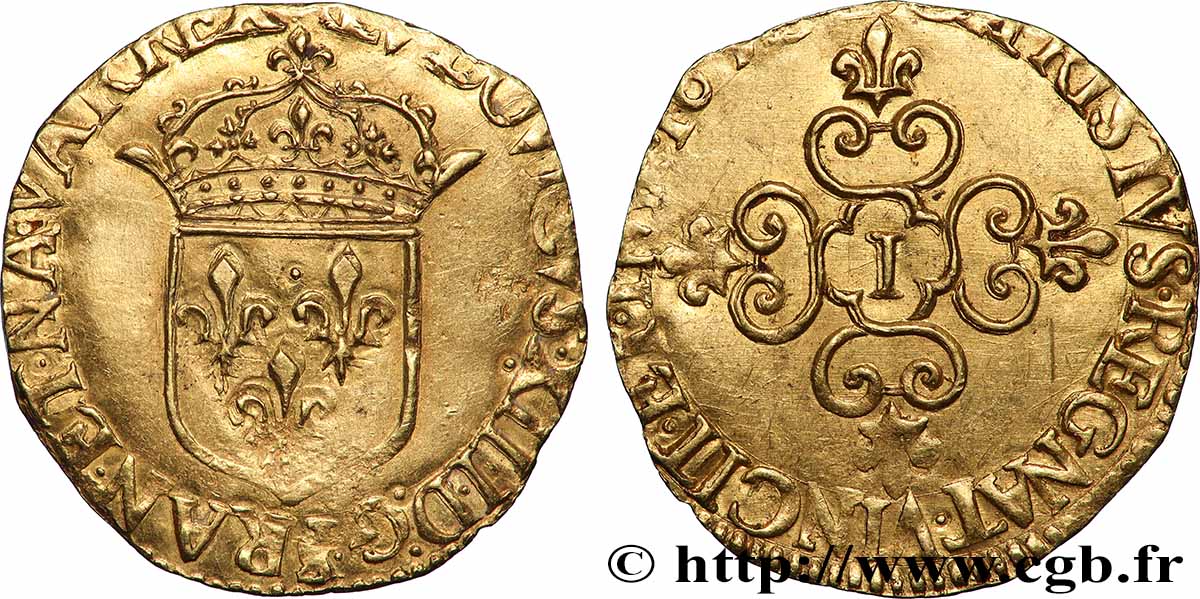 LOUIS XIII Écu d or au soleil, à la croix anillée fleurdelisée 1630 Limoges AU/AU