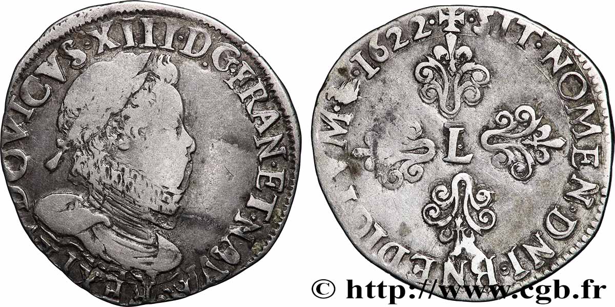 LOUIS XIII Demi-franc à la tête laurée et au col fraisé 1622 Limoges VF/XF