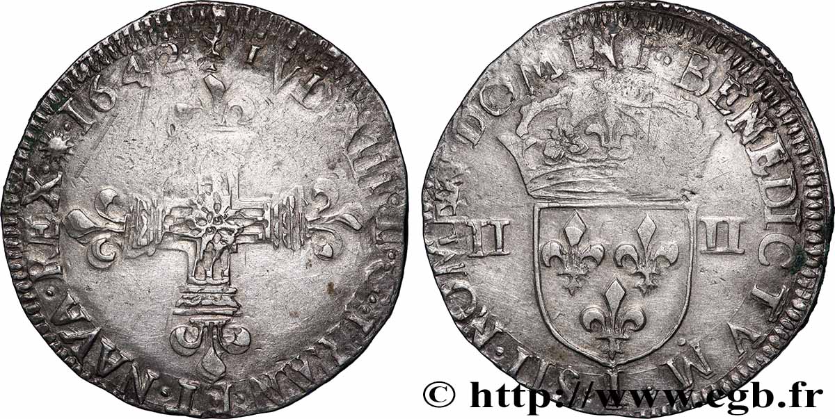 LOUIS XIII Quart d écu, à la croix fleurdelisée, titulature côté croix 1642 Limoges fSS